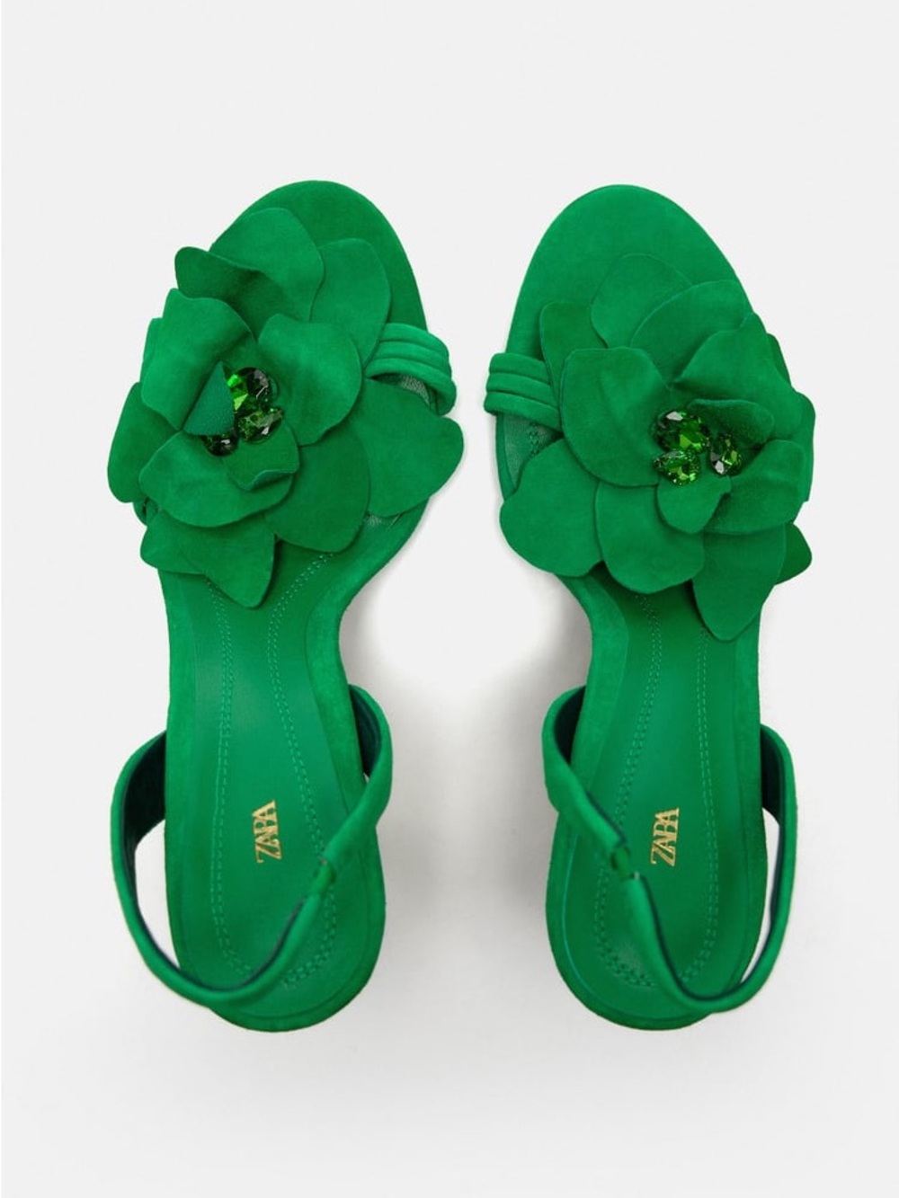 ZARA Emerald Green Suede Slingback Heels with Floral Jewel Accent